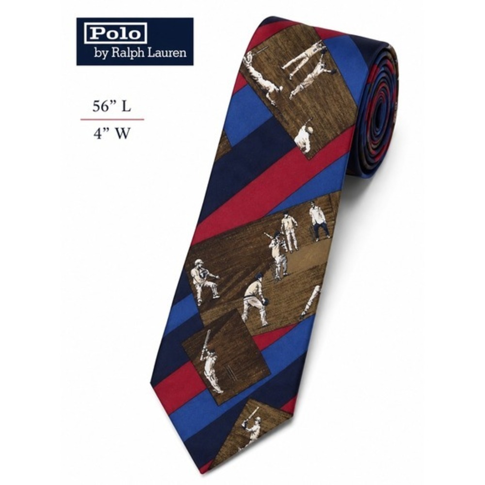 Polo by Ralph Lauren Cricket Print Tie Brown Blue Red  Hand Made Silk 56"L  4"W